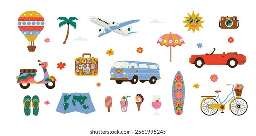  Travel groovy illustrations set, including a scooter, plane, car, map, surfboard, bike, hot air balloon, and fun vacation items.