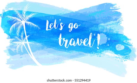 Travel grunge banner with palm trees in blue color.