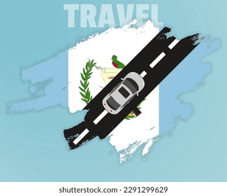 Travel to Guatemala by car, going holiday idea, vacation and travel banner concept, car on the road with Guatemala flag, international car travel, automobile going on a way, top view