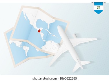 Travel to Guatemala, top view airplane with map and flag of Guatemala. Travel and tourism banner design.
