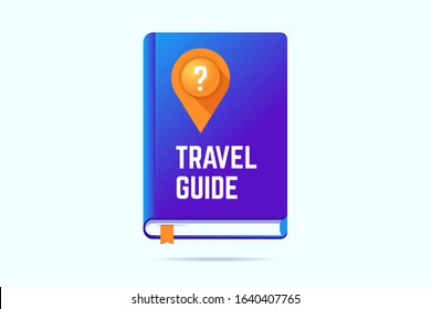 Travel guide book icon with a map pin and question sign. Vector illustration for traveling help.