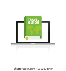 Travel guide book icon on laptop. Vector stock illustration.