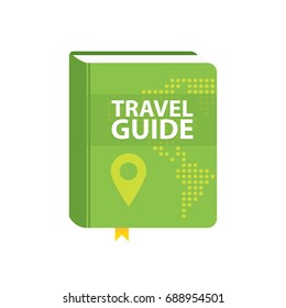 Travel Guide Book Icon. World Map And Pin In Cover. Flat Vector Illustration.