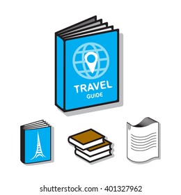 Travel guide book vector flat icons. Creative illustration of blue book, globe and waypoint map symbol for holidays, planning vacation, tourism. Eiffel Tower hand drawn picture