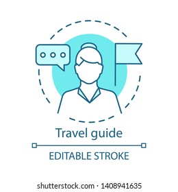 Travel Guide Concept Icon. Traveling Idea Thin Line Illustration. Trip Advisor. Touristic Agency Service. City Tour, Excursion. Vector Isolated Outline Drawing. Editable Stroke