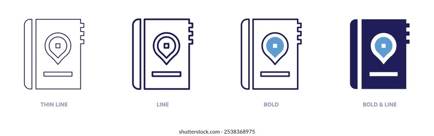 Travel guide icon in 4 different styles. Thin Line, Line, Bold, and Bold Line. Duotone style. Editable stroke.