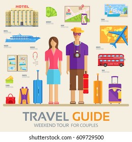 Travel guide infographic with vacation tour locations and items. Tourism with fast traveling of the world on a flat design style. Vector illustration concept icons set