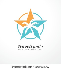 Travel guide logo idea with star shape and tropical palm tree in negative space. Travel agency symbol design. Vector icon concept for tropical destinations and vacations.