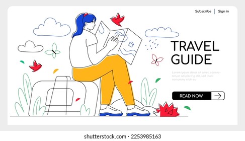 Travel guide - modern flat design style web banner with line elements and copy space for text. An illustration with girl sitting on a suitcase, holding a map in her hands. Nature and vacation idea