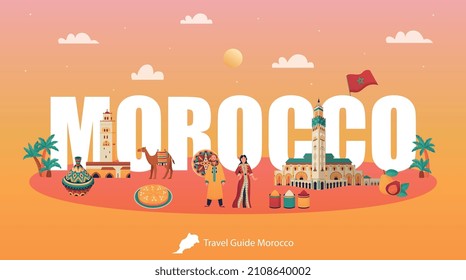 Afiche horizontal de la guía de viajes morocco con símbolos tradicionales del país sobre la ilustración del vector de fondo anaranjado