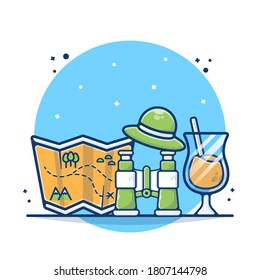 Travel Guide supplies with Binocular and Map Vector Illustration. Guideline Tourism Concept. Hat and Maps Functional Tools. Flat Cartoon Style Suitable for Sticker, Wallpaper, Icon, Landing Page, Web.