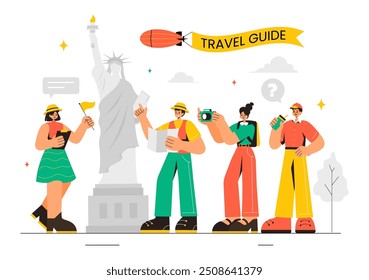 Guía de viaje y Ilustración vectorial turística que muestra lugares interesantes a un grupo de turistas para la planificación de vacaciones en un fondo de dibujos animados de estilo plano
