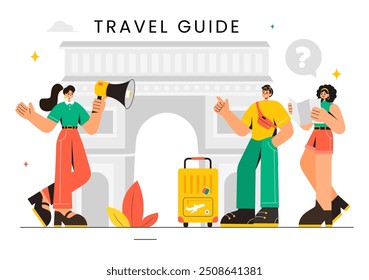 Guia de viagens e ilustração de vetor de turismo mostrando lugares interessantes para um grupo de turistas para planejamento de férias em um plano de fundo de desenhos animados de estilo plano
