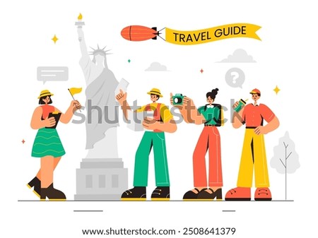 Travel Guide and Tour Vector Illustration Showing Interesting Places to a Group of Tourists for Vacation Planning in a Flat Style Cartoon Background

