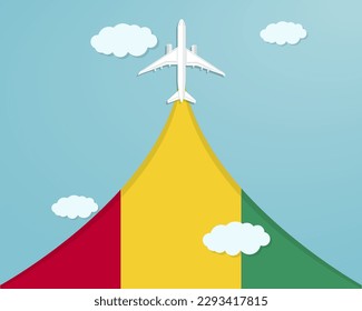 Travel to Guinea by flight, destination concept, vacation in Guinea, plane vector design, paper cut effect with blue sky and airplane, summer trip idea, country tourism banner