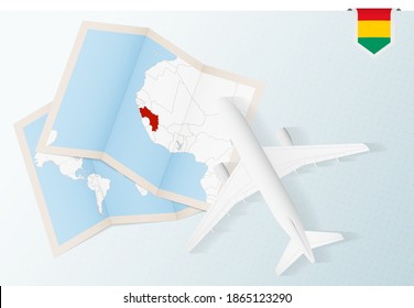 Travel to Guinea, top view airplane with map and flag of Guinea. Travel and tourism banner design.