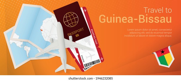 Travel to Guinea-Bissau pop-under banner. Trip banner with passport, tickets, airplane, boarding pass, map and flag of Guinea-Bissau. Vector template.