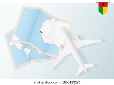 Travel to Guinea-Bissau, top view airplane with map and flag of Guinea-Bissau. Travel and tourism banner design.