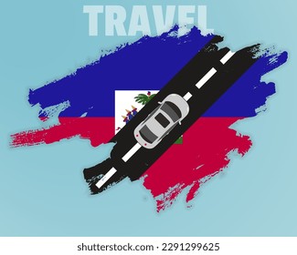 Travel to Haiti by car, going holiday idea, vacation and travel banner concept, car on the road with Haiti flag, international car travel, automobile going on a way, top view