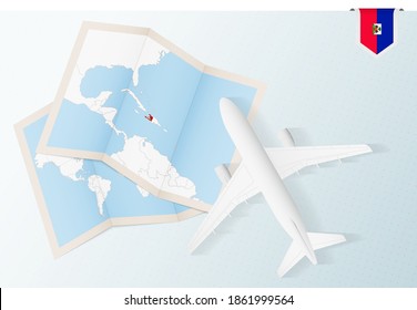 Travel to Haiti, top view airplane with map and flag of Haiti. Travel and tourism banner design.