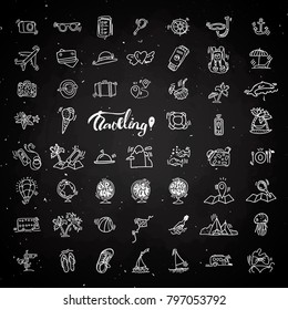 Travel hand draw chalk icons. Icon lined cartoon collection about adventure, outdoor activities, beach, summer, travelling, get a vacation and extremal sport. Traveling icon set on black board