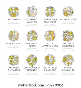 Travel hand draw icons. Icon lined cartoon collection about adventure, outdoor activivies, beach, summer, travelling, get a vacation and extremal sport. Traveling icon set in round form
