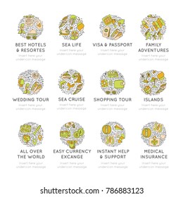 Travel hand draw icons. Icon lined cartoon collection about adventure, outdoor activivies, beach, summer, travelling, get a vacation and extremal sport. Traveling icon set