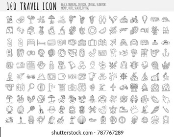 Travel hand draw icons. Icon lined cartoon collection about adventure, outdoor activities, beach, summer, travelling, get a vacation and extremal sport. Traveling icon set