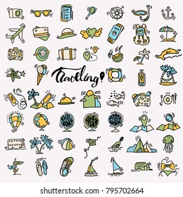 Travel hand draw icons. Icon lined cartoon collection about adventure, outdoor activities, beach, summer, travelling, get a vacation and extremal sport. Traveling icon set
