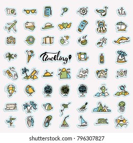 Travel hand draw icons. Icon lined cartoon collection about adventure, outdoor activities, beach, summer, travelling, get a vacation and extremal sport. Traveling icon set