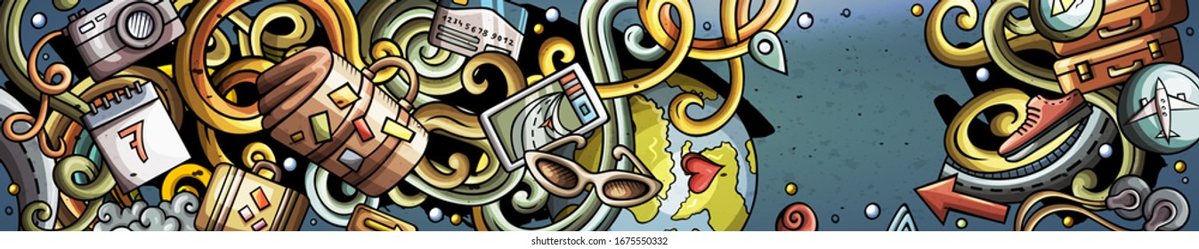 Travel hand drawn doodle banner. Cartoon detailed flyer. Traveling identity with objects and symbols. Color vector design elements background
