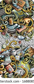 Travel hand drawn doodle banner. Cartoon detailed flyer. Traveling identity with objects and symbols. Color vector design elements background