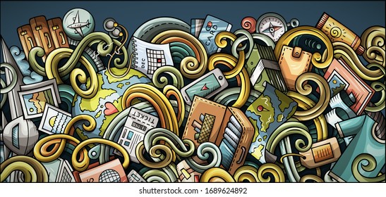 Travel hand drawn doodle banner. Cartoon detailed flyer. Traveling identity with objects and symbols. Color vector design elements background