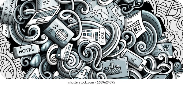 Travel hand drawn doodle banner. Cartoon detailed flyer. Traveling identity with objects and symbols. Monochrome vector design elements background