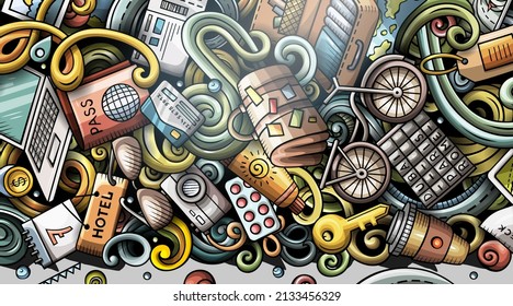 Travel hand drawn doodle banner. Cartoon detailed flyer. Traveling identity with objects and symbols. Color vector design elements background