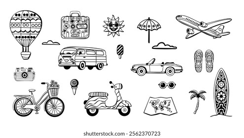 Travel hand drawn doodle set. Tourism and transport sketch with travelling elements. Vector illustration