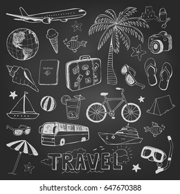 Travel hand drawn doodles vector icons sketch on black chalkboard