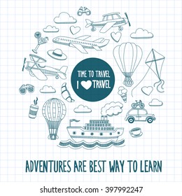 Travel hand drawn elements Doodle travel elements on checked paper