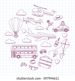 Travel hand drawn elements Doodle travel elements on checked paper