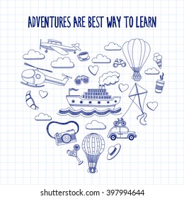 Travel hand drawn elements Doodle travel elements on checked paper