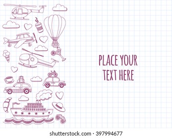 Travel hand drawn elements Doodle travel elements on checked paper