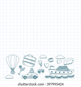 Travel hand drawn elements Doodle travel elements on checked paper