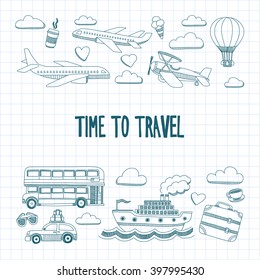 Travel hand drawn elements Doodle travel elements on checked paper