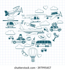 Travel hand drawn elements Doodle travel elements on checked paper