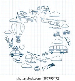 Travel hand drawn elements Doodle travel elements on checked paper