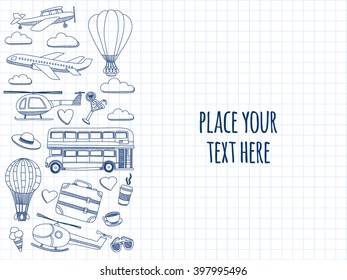Travel hand drawn elements Doodle travel elements on checked paper
