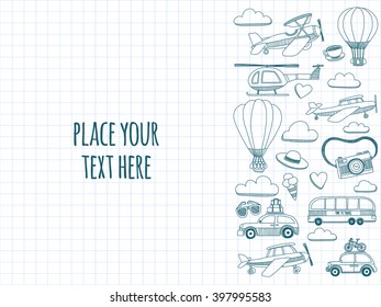 Travel hand drawn elements Doodle travel elements on checked paper