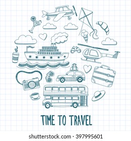 Travel hand drawn elements Doodle travel elements on checked paper