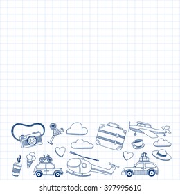 Travel hand drawn elements Doodle travel elements on checked paper