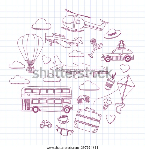 Travel hand drawn elements Doodle travel elements\
on checked paper